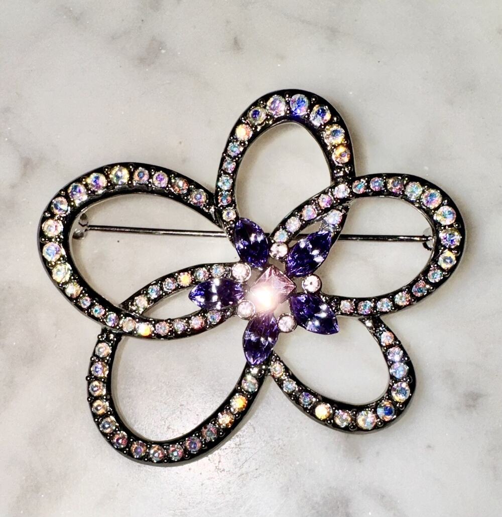 Vintage Givenchy Gunmetal Purple AB Crystal Rhinestone Brooch Pin Sparkling